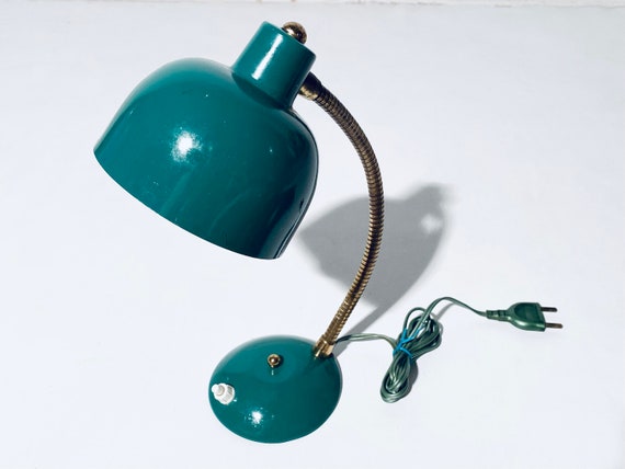 Small Industrial Green Metal Table Lamp / 1950s Mid-century