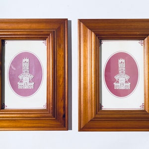 Two Hand Embroidered Picture Frames / Belfry Tower Bruges Belgium / Vintage Decor 60s