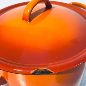 Pu&ograve; includere: Una pentola in ghisa smaltata arancione con un coperchio e un manico. La pentola ha una macchia nera sul bordo.