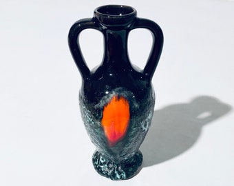 Vallauris Jarra de jarrón de cerámica con ánfora de lava gorda negra y naranja / Decoración vintage francesa de la década de 1950