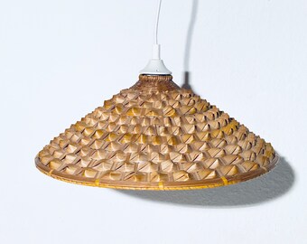 Conical Mid-Century Straw Wood Hanging Lamp / 60s 70s Vintage Boho Decor