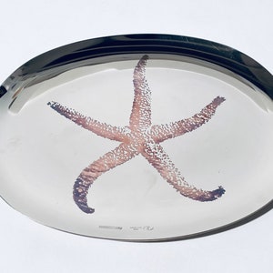 Könnte beinhalten: Ein ovales Silbertablett mit einem Seestern-Design. Der Seestern ist hellrosa und befindet sich mittig auf dem Tablett.