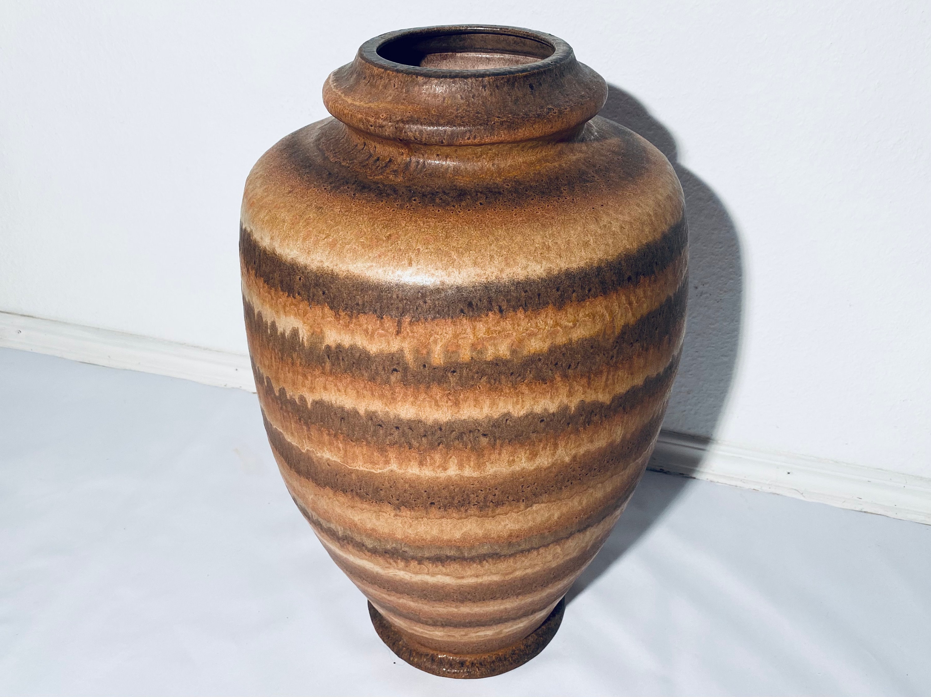 Large Scheurich Brown Striped Ceramic Floor Vase/Wgp Vintage Deco 70S