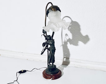 Art Nouveau Table Lamp Woman Figurine Flower Lamp Shade / 1900s France