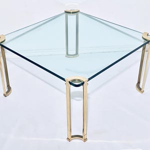 Brutalist Peter Ghyczy Designer 1970s Square Brass Glass Side Coffee Sofa Table / Vintage Living Room Interior