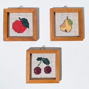 Three Stitched Pictures Set With Fruit Motifs / Handmade Vintage Wall Decor 1960s
