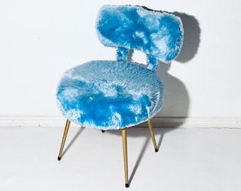 Mid-Century Flokati Light Blue Chair / 1970s Vintage Decor / Space Age