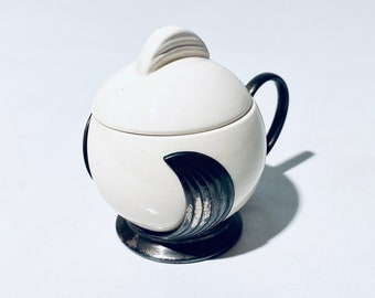 Art Deco WMF Wächtersbach Crème Ceramic Mustard Bowl With Ornamental Silver Holder / Vintage Kitchen Decor 1930s/40s