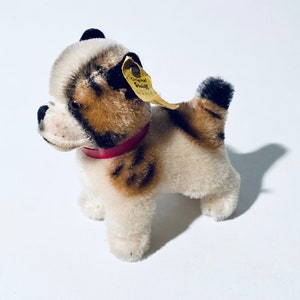 Könnte beinhalten: Ein kleiner, brauner und weißer Plüschhund mit einem rosa Halsband und einem gelben Etikett mit der Aufschrift "Original Steiff", das an seinem Ohr hängt.