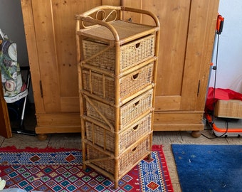 Tall Vintage Bamboo Chest Of Drawers  / Wicker Shelves / 1970s Mid-Century Decor / Boho