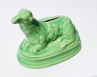 Antique Sheep Money Bank Piggy Bank / Green Ceramic / Vintage France