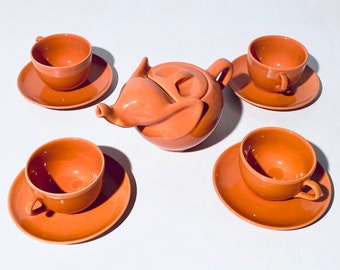 Coral Orange Ceramic Elephant Tea Pot With 4 Matching Tea Cups & Plates / Vintage Decor