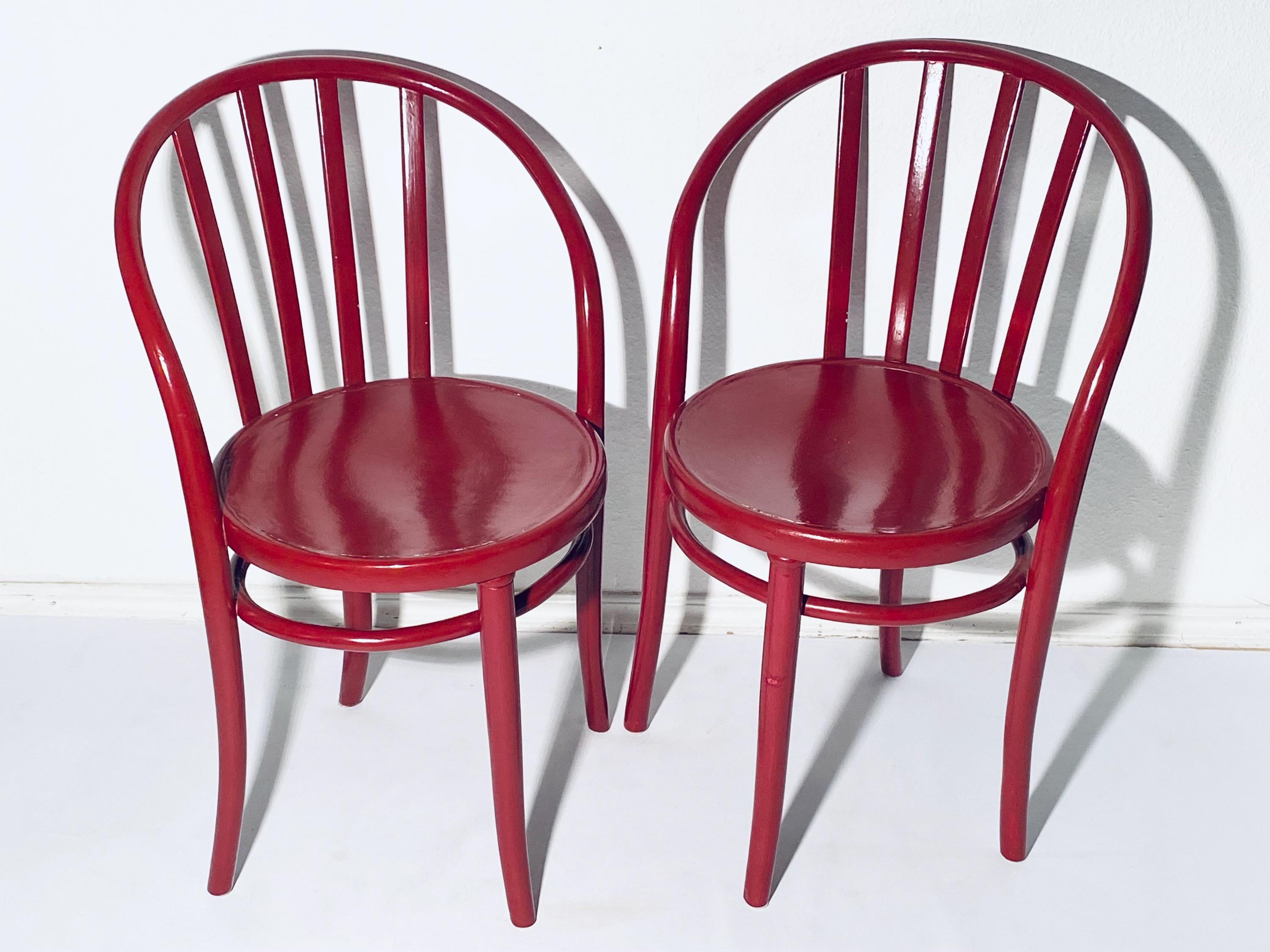 Thonet Bentwood Set of Two Antique Red Wooden Bistro Chairs
