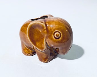 Tiny Ceramic Brown Elephant Vase Decoration / 1970s Vintage Decor