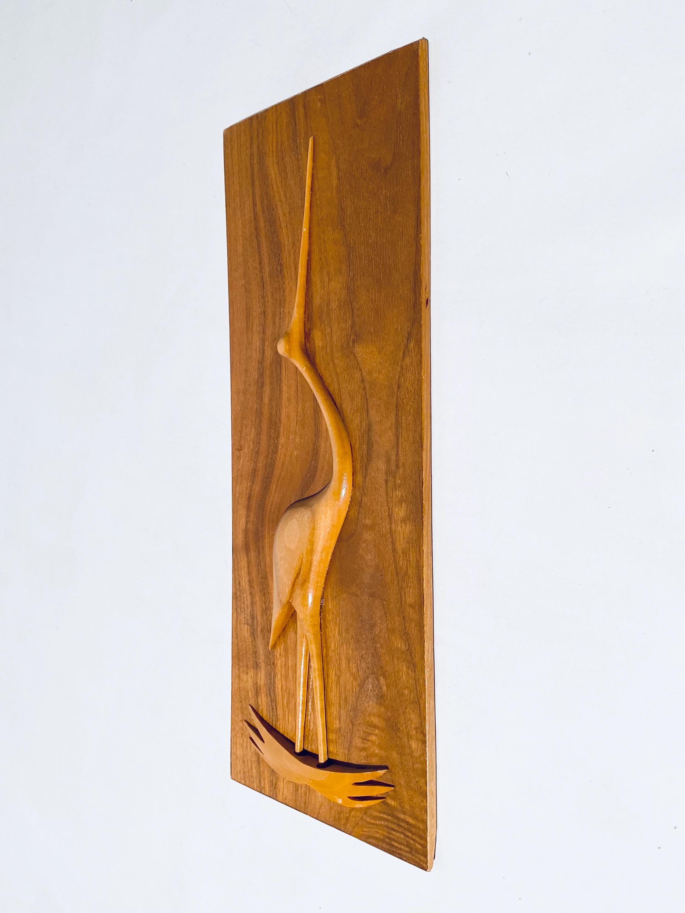 Mid-century Teak Crane Bird Motif Wood Picture / Vintage 50s 60s