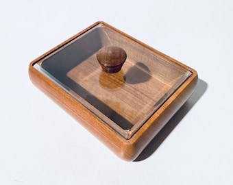 Mid-Century Small Rectangular Wooden Jewellery Box With Glass Lid / 1950s Vintage Decor Italy