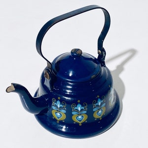 Small Rustic Enamel Blue Kettle Teapot Floral Motif / Vintage Kitchen Decor France 1960s/70s