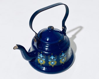 Piccola teiera rustica smaltata blu teiera motivo floreale / arredamento cucina vintage Francia anni '60/'70