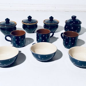 Traditional Bunzlauer Blue Dotted Ceramic Set / Vintage Polish Kitchenware Decor