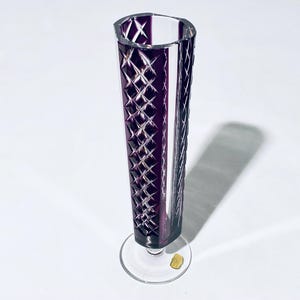 Könnte beinhalten: Eine hohe, klare Glasvase mit einem violetten, rautenförmigen Muster. Die Vase hat einen breiten Boden und einen schmalen Hals.