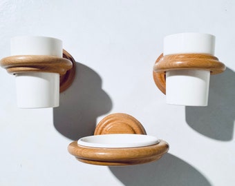 Bathroom Soap Holder & Two Cups With Wooden Wall Fixings / 1970s Danish Vintage Decor