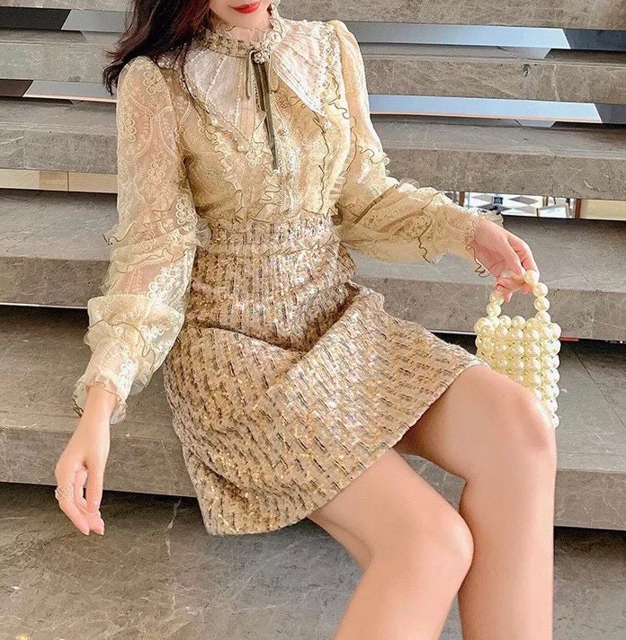 Short Sleeve Tweed Dress, Robe Tweed Style Chanel, Tweed Dress Women