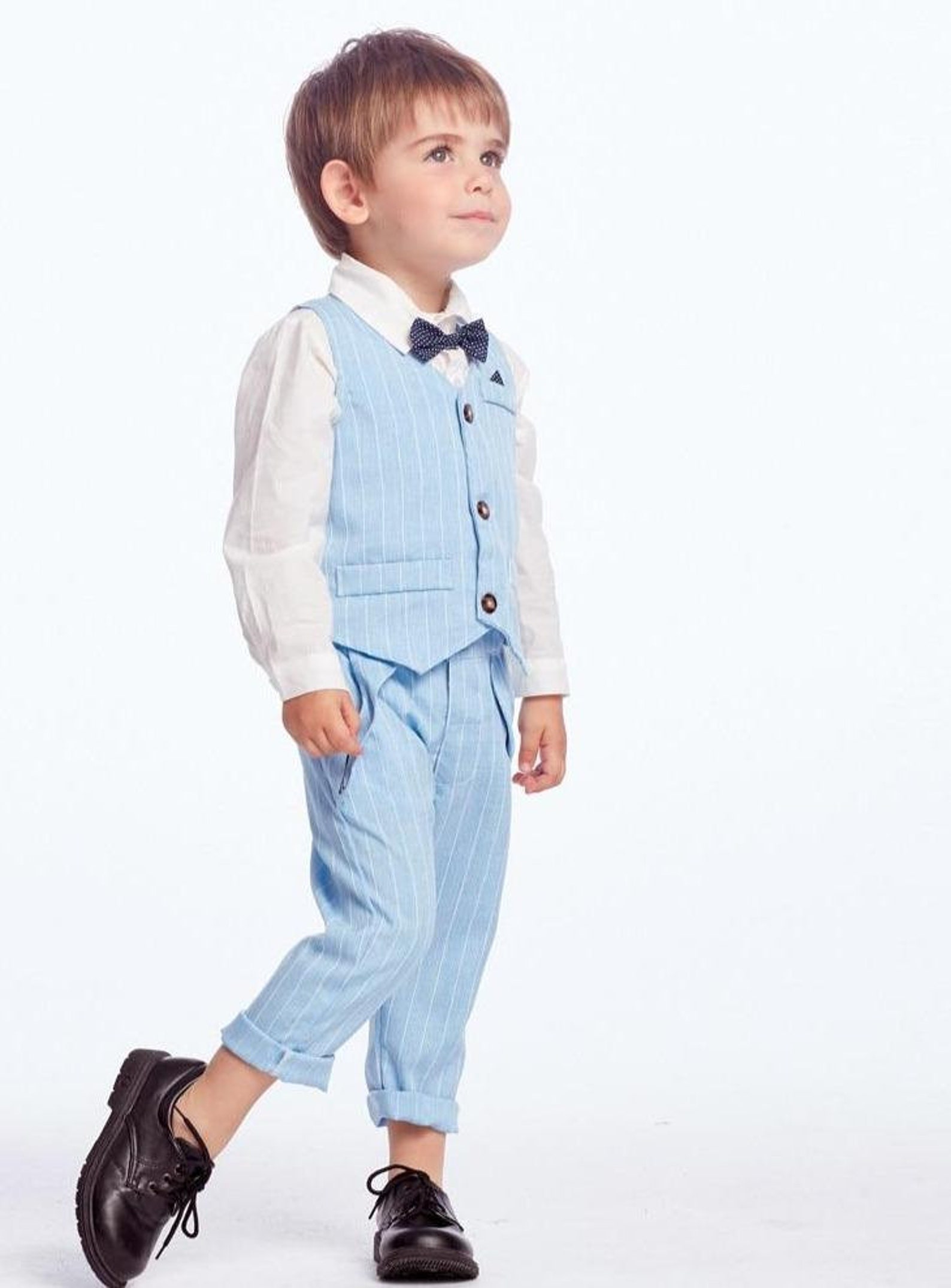 Baby Boy Gentleman Suit Shirt Bow Tie Striped Vest Trouser Set | Etsy