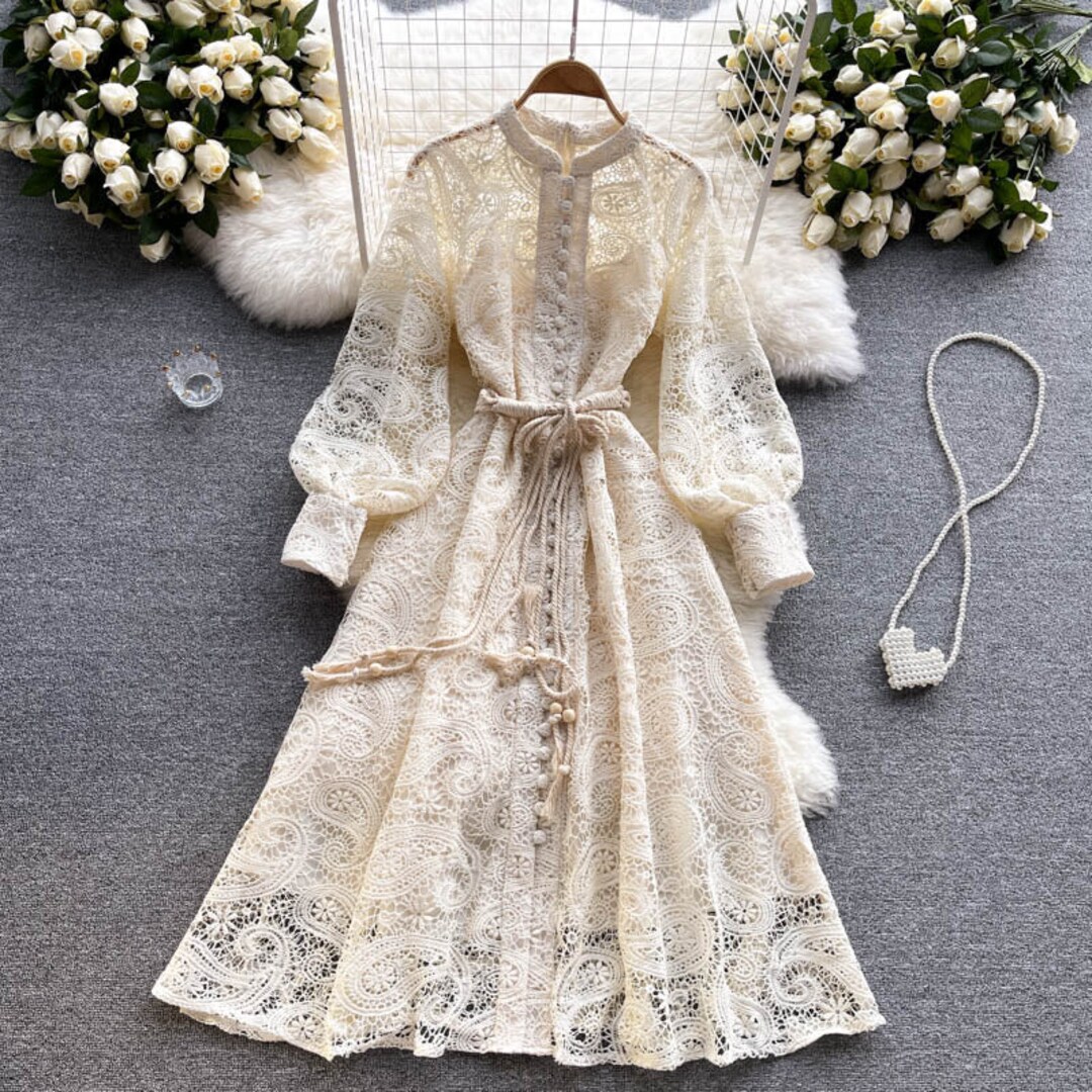 Women Vintage Lantern Single Breasted Vestidos Lace Midi Dress - Etsy