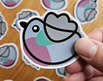 Op de afbeelding: Een set kleurrijke vogel stickers met een grijs, roze en blauw kleurenschema. De stickers zijn zwart omlijnd en hebben een cartoonachtige stijl.