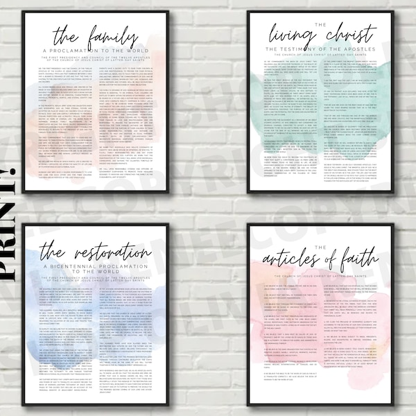 LDS Cursive Watercolor Bundle, Instant Download | The Living Christ, The Articles of Faith, The Family Proclamation, The Restoration, Mormon