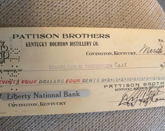Cheque de bourbon de Kentucky de los hermanos Pattison de 1918