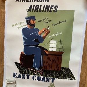 Vintage Poster American Airlines East Coast Airline Travel NY Linen Back