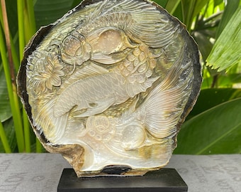 Koi Fish Carving, Carved Shell Sea, Carved Shell, Sea Pearl, carved mother of pearl, Genuine natural Sea Shell, Sea Ocean Pearl