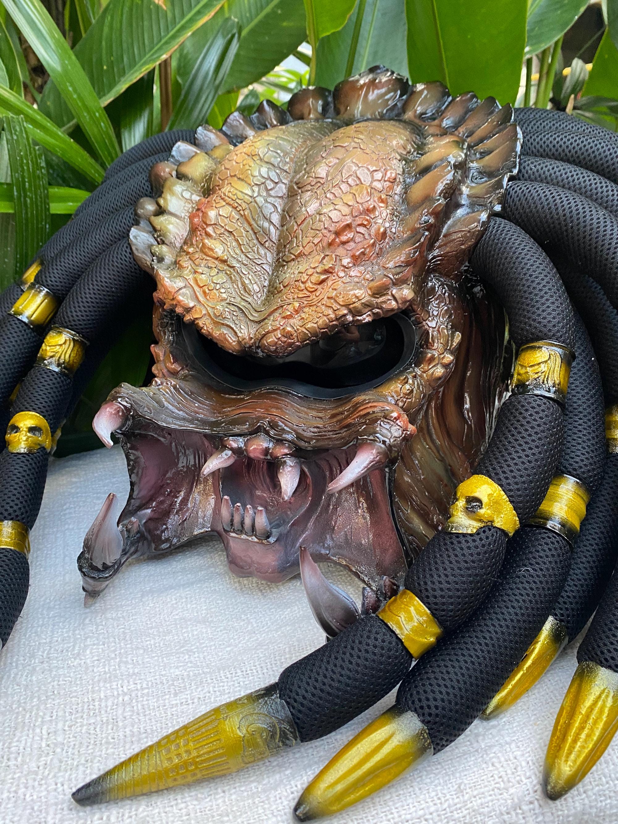 Golden Brown Custom Predator Motorcycle Helmet With Dreads and