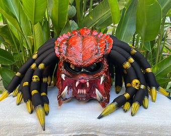 Predator on Fire  Motorcycle Helmet: Custom Alien Airbrush Skull Dreadlocks