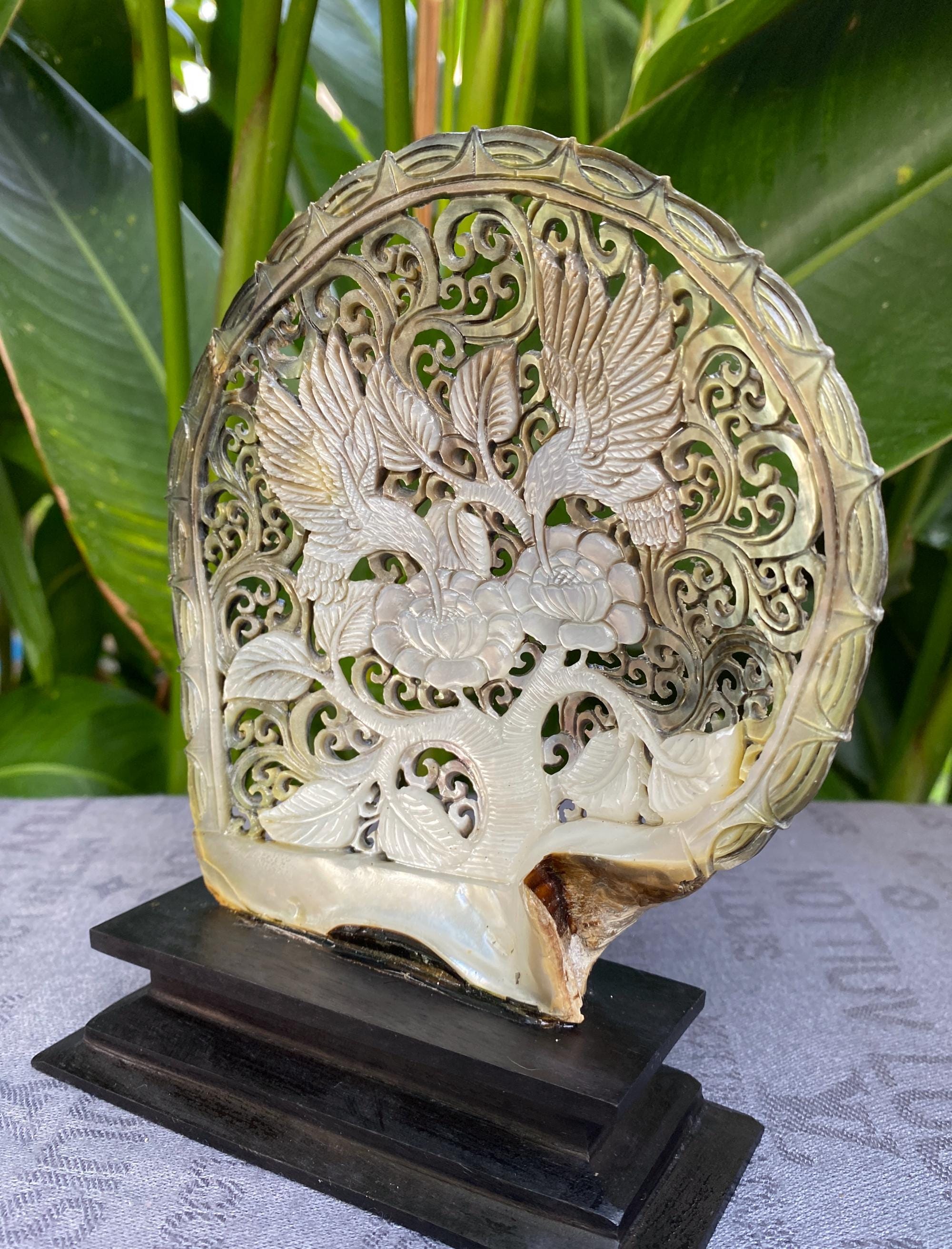 gorgeous genuine Carved Shell Hummingbird with Flowers carved mother of pearl