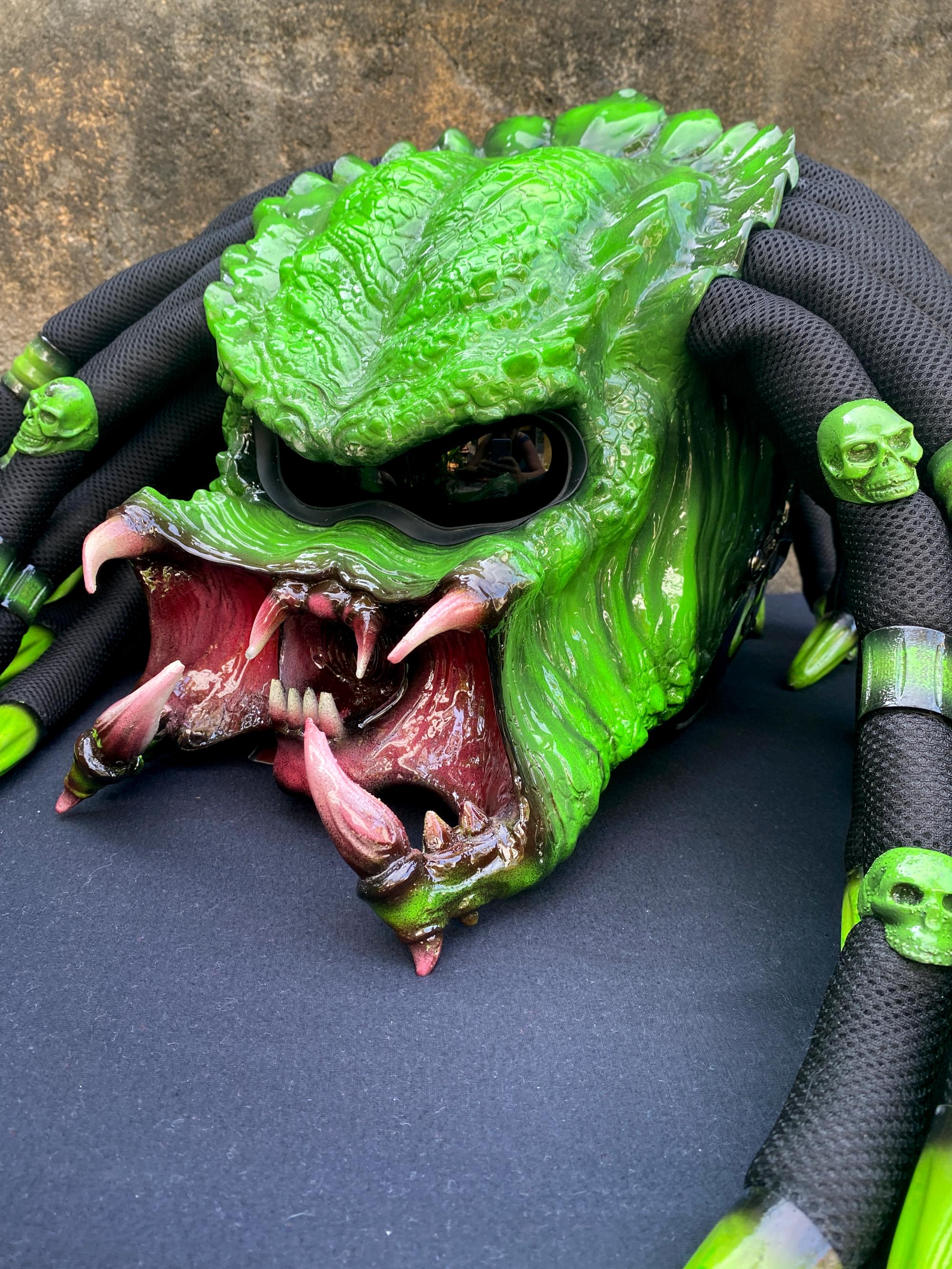 Ninja Green Predator Motorcycle Helmet: Custom Alien Dreadlocks