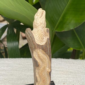 May include: A carved wooden sculpture featuring a detailed relief of a snake and a bird. The sculpture is made of light-colored wood and is mounted on a black base. The background includes green foliage.