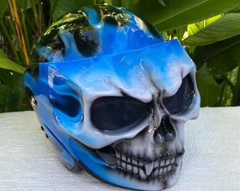 Custom Skull Motorcycle Helmet: Ghost Rider Style, Blue Flames