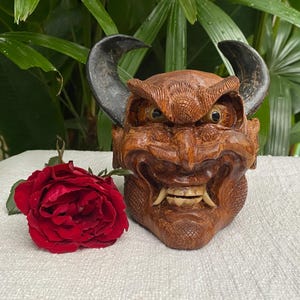 Carved Rosewood Devil Sculpture with genuine Ram Horns: Gothic Decor