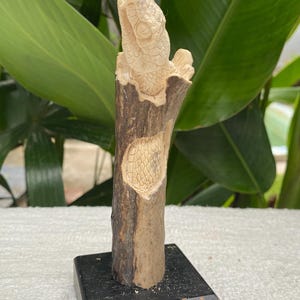 May include: A carved sculpture of a snake emerging from a tree trunk. The sculpture is made of a light-colored material, possibly bone or ivory, and is mounted on a black base. The snake's scales and features are intricately detailed.