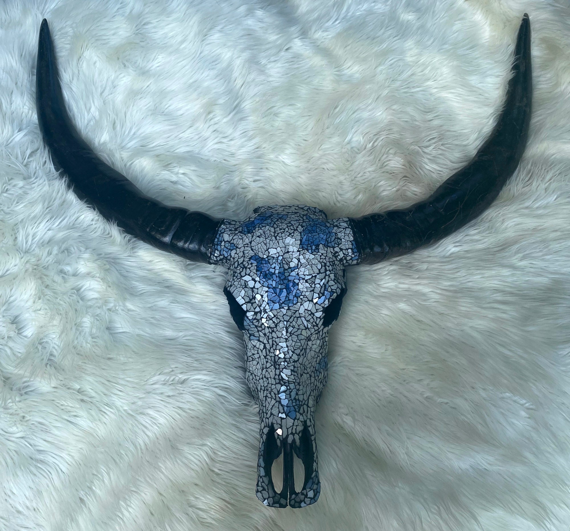 Silver Skull, Buffalo Skull With Long Horns, Bull Skull Blue Silver Mosaic  Glas, Cow Skull, Bull Skull, Blue Timeless 