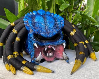 Casco da moto Predator blu oceano: teschio alieno aerografato personalizzato, certificato DOT