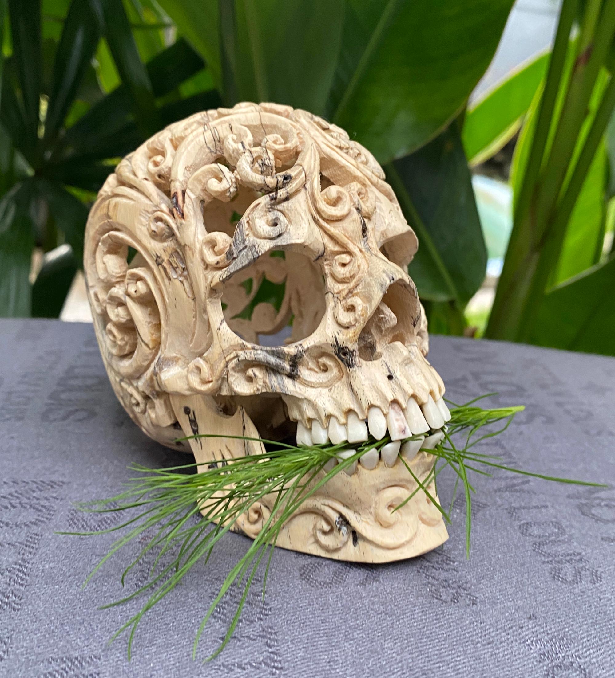 Hand Carved Tamarind Wood Skull: Filigree Design Decor - Etsy