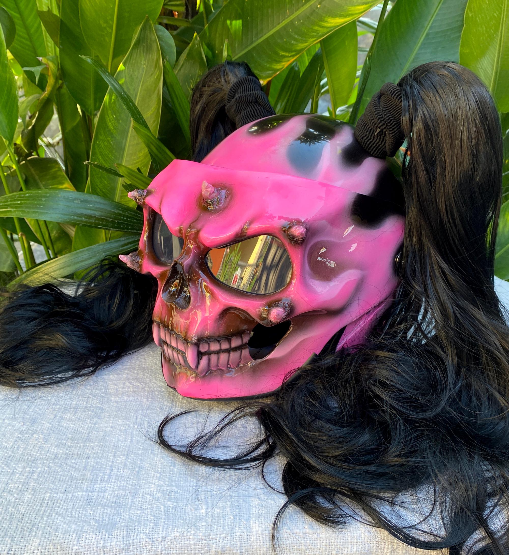 Pink Skull Motorcycle Helmet With Pigtails - Custom Biker Helmet