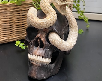 Cobra Snake Skull Wooden Sculpture, Antler Carving, Realistic Jaws