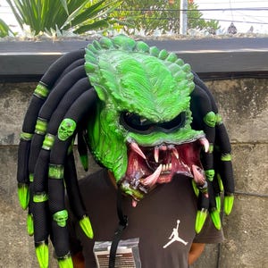 3D Ninja GreenPredator Helmet Custom Helmet Alien Custom Dreadlocks and Fangs