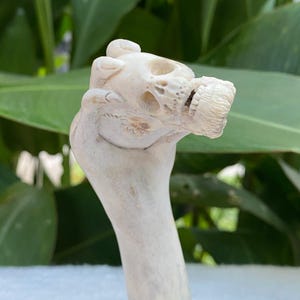 Hand Carved Deer Antler Carving Hand holding Skull Carved knife handle