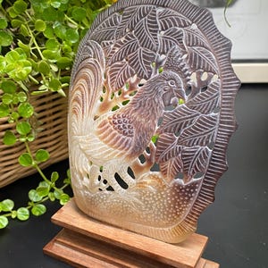 May include: A carved horn sculpture featuring a rooster standing among foliage, set within an oval frame with a scalloped edge. The piece displays natural brown and cream colour gradients and is mounted on a rectangular wooden base stand.