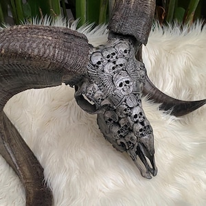 genuine Carved Ram with Death Rider and Carved Horns, Carved Biker Skull